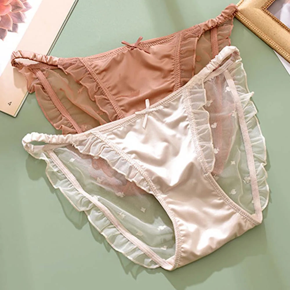 

Underwear Female Auricularia Edge Solid Color Cotton Crotch Low-waist Bandage Thong Bow Sexy Briefs Mesh Panties