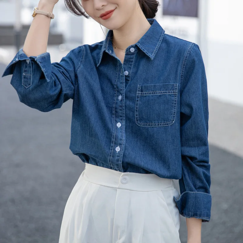 Retro Blue Denim Shirt Women's Design Sense Front Shoulder Lapel Folded Shirt Commuter Long Sleeve Outwear Tops Omen Shirt Tops