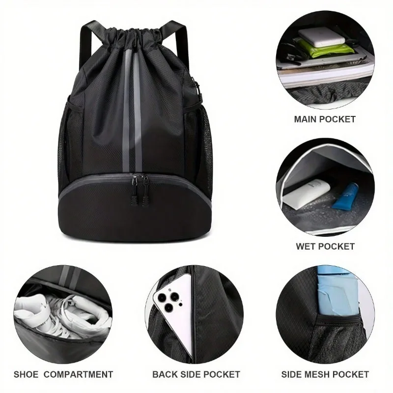 1pc Drawstring Backpack, Sports Gym, Burlap Bag With Mesh Bag, Shoe Compartment, Waterproof Rope Bag For Women And Men