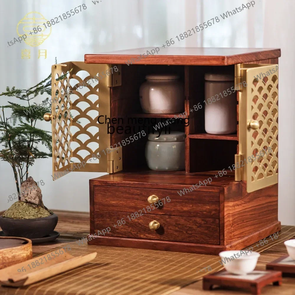 DD  yj Mahogany Solid Wood New Chinese Desktop Small Tea Cabinet Tea Set Purple Sand Teapot Ornaments Gathering