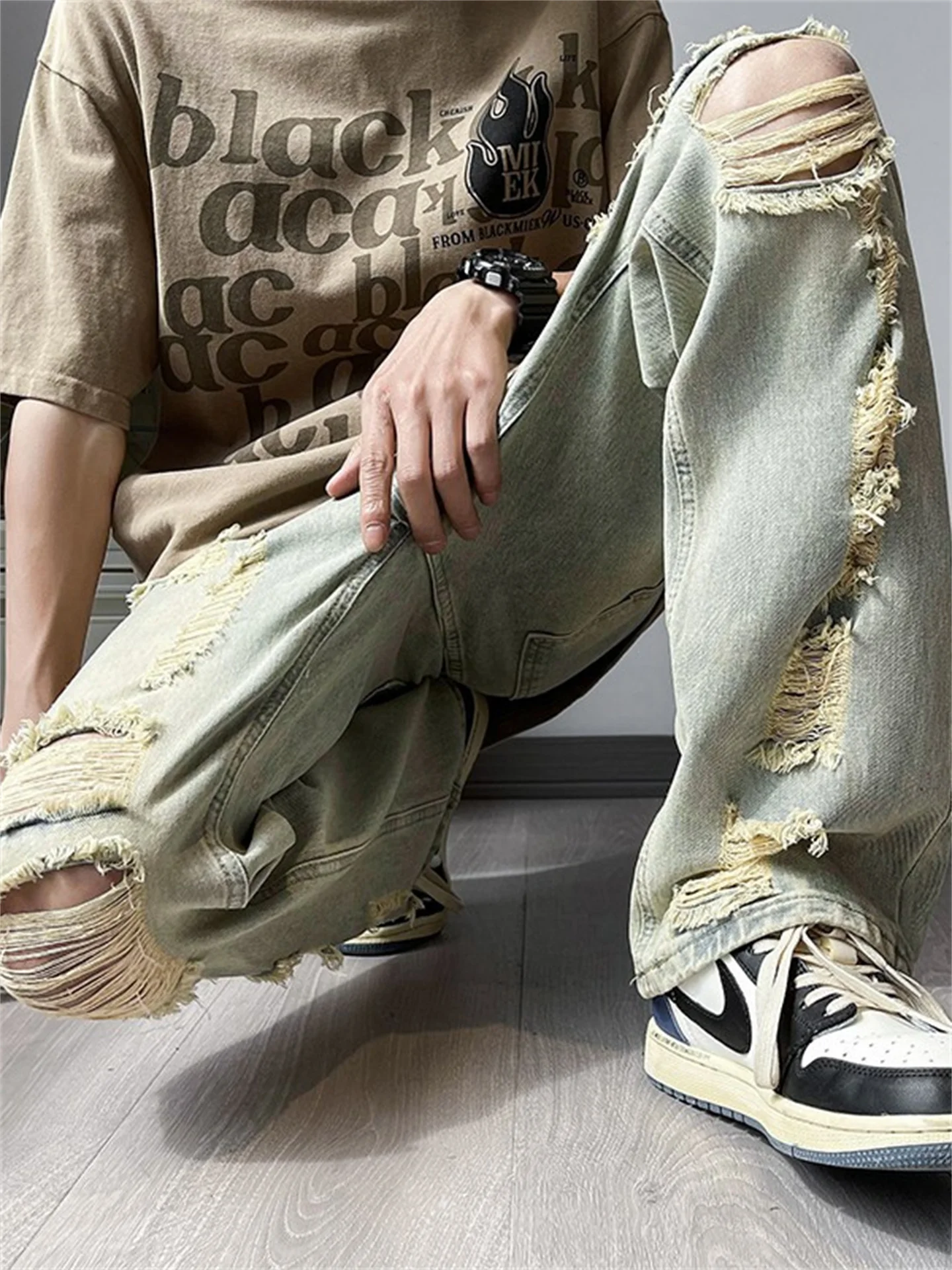 

Yellow Mud Color Men's Jeans Straight Loose American Sle Hip Hop Thin Casual Long Pants Trendy Sle Torn Hole
