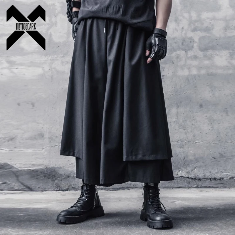 Mens Wide Leg Pants Tactical Elastic Waist Streetwear Skirts Pants Y2K Fake two Pieces Loose Punk Japanese Dark Fighter Trousers