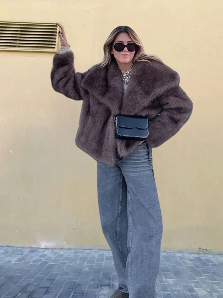 Retro Long Sleeved Fur Jacket for Women Solid Color Lapel Faux Fur Cardigan Tops Fashion Ccasual Thickened Warm Overcoat