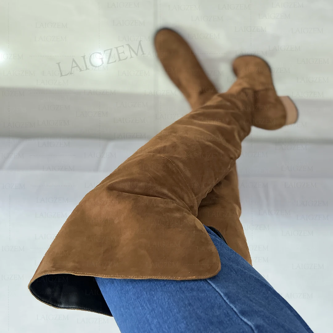 LAIGZEM Women Over Knee Boots Faux Suede Round Toe Side Zip Wide Thigh Friendly Low Heels Boots Shoes Woman Big Size 41 42 47 52