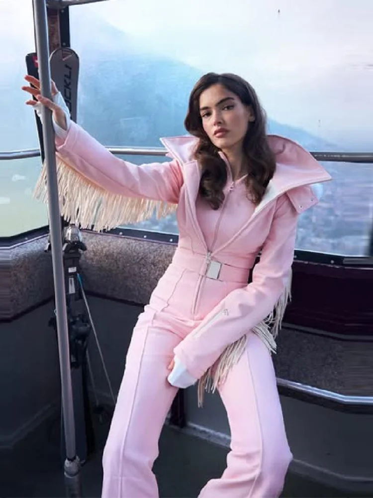 Women Tassel Fringe One Piece Ski Jumpsuit Faux Fur Hood Belted Slim Flare Leg Snowboard Suit Windproof  Waterproof Snowsuit