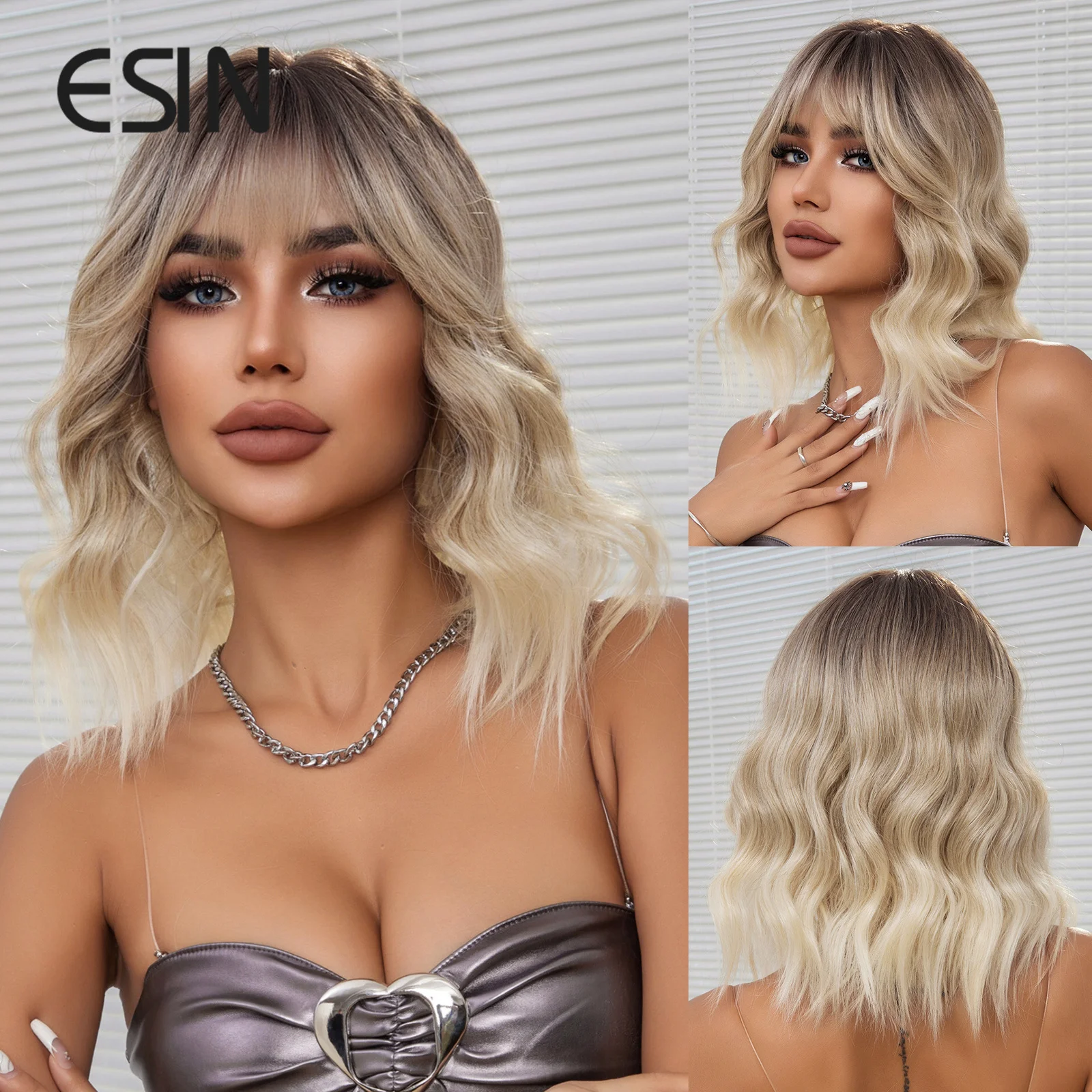 

ESIN Short Wave Bob Blonde Hair Wigs With Bangs Synthetic Wig Dark Roots Heat Resistant Fiber Fluffy Hair for Women