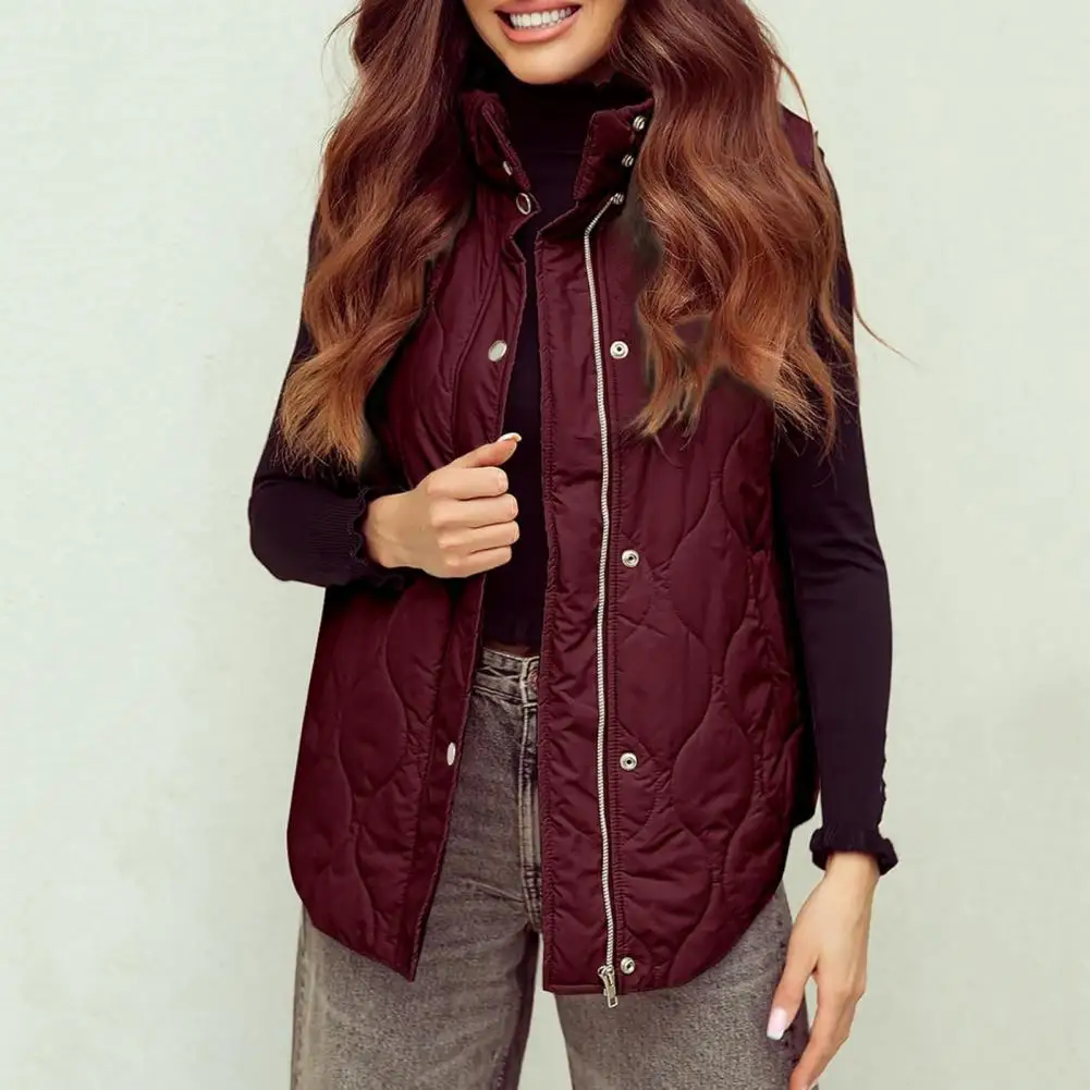 Women Winter Cotton Waistcoat Turn-down Collar Thick Sleeveless Padded Outerwear With Pocket Zipper Closure Mid Length Vest Coat