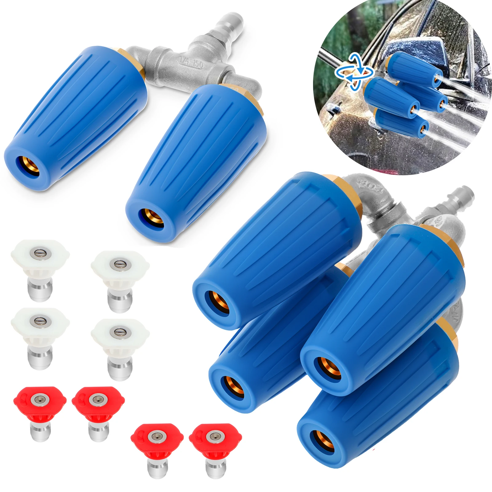 4-in-1 ターボノズル高圧洗浄機 2.0 オリフィス クワッドルプルターボノズル 360 °   回転式1/4インチクイックコネクター4000 PSIチップターボ