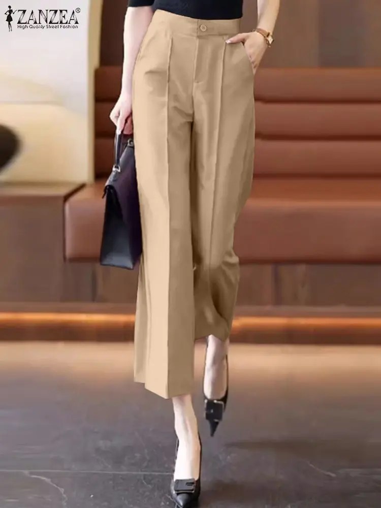 Office Lady High Waist Pantalones ZANZEA Women Pockets Long Pants Casual 2024 Autumn Cropped Trouser Vintage Solid Straight Pant