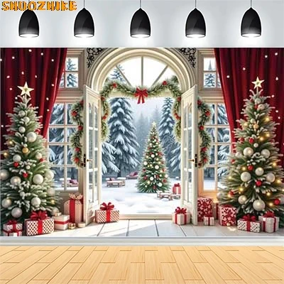 

Christmas Day Wreath Family New Year Party Photography Backdrops Prop Window Living Room Xmas Tree Gift Snow Background VN-05