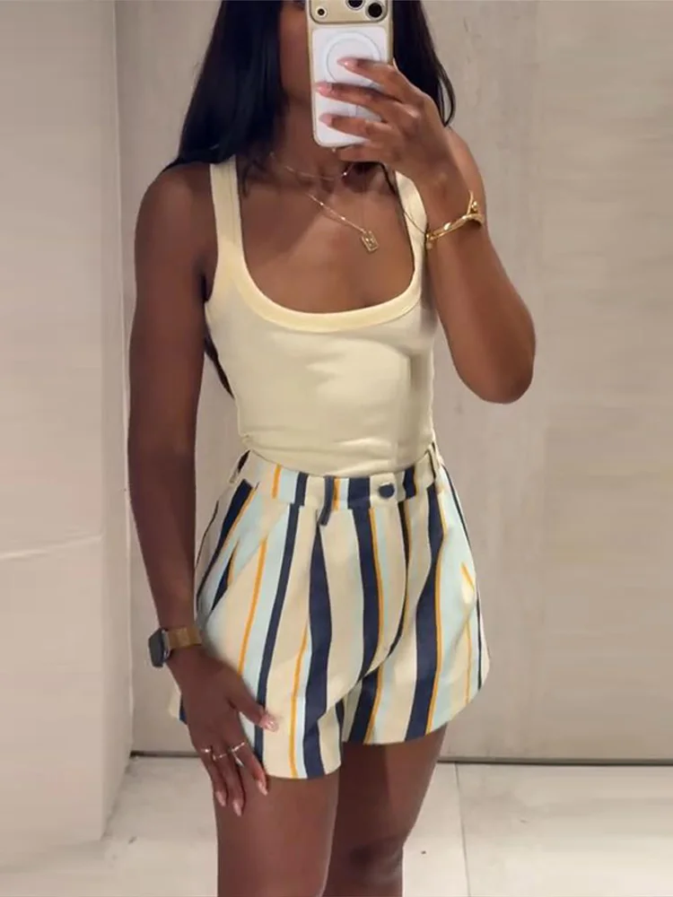 Midi-Shorts mit Streifenmuster für Damen, Streetwear-Stil, Einzelknopfverschluss, Taschen, Paneel-Design, Locker Sitzende Kurze Hose, Modische Damenkleidung für Party und Straße – Detail 5