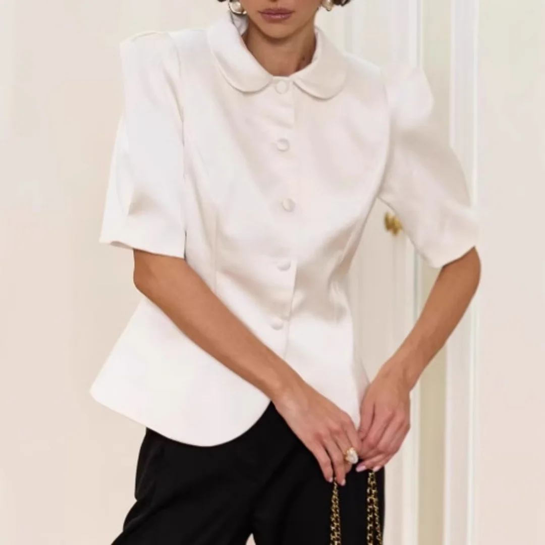 

2026 Summer New Puff Sleeve Slim Fit Waist Shirt for Women Elegant Office Wear Fashion Commute Blouse Casual Streetwear Top