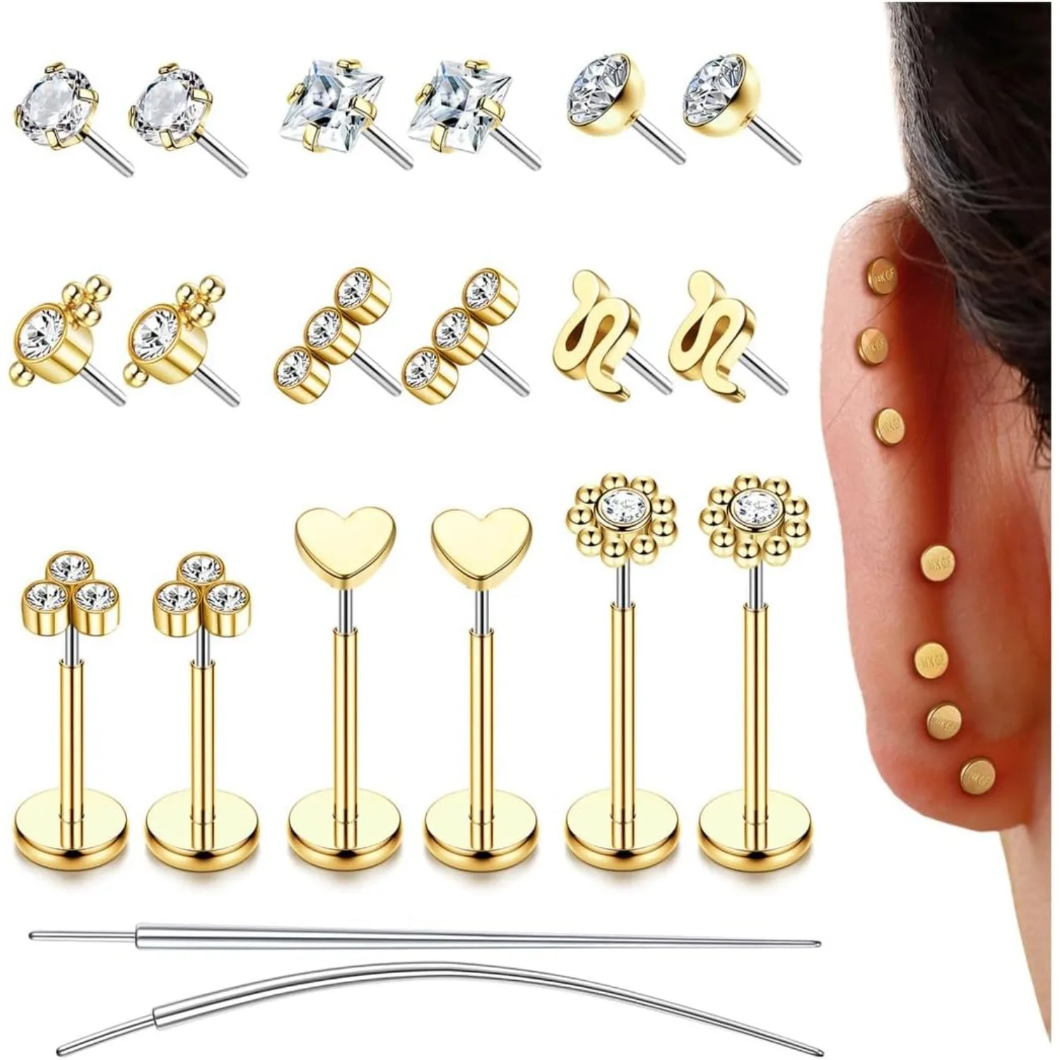 

Florideco Flat Back Earrings Nose Studs Rings for Women 14K Gold Plated Lip Conch Cartilage Piercing Jewelry