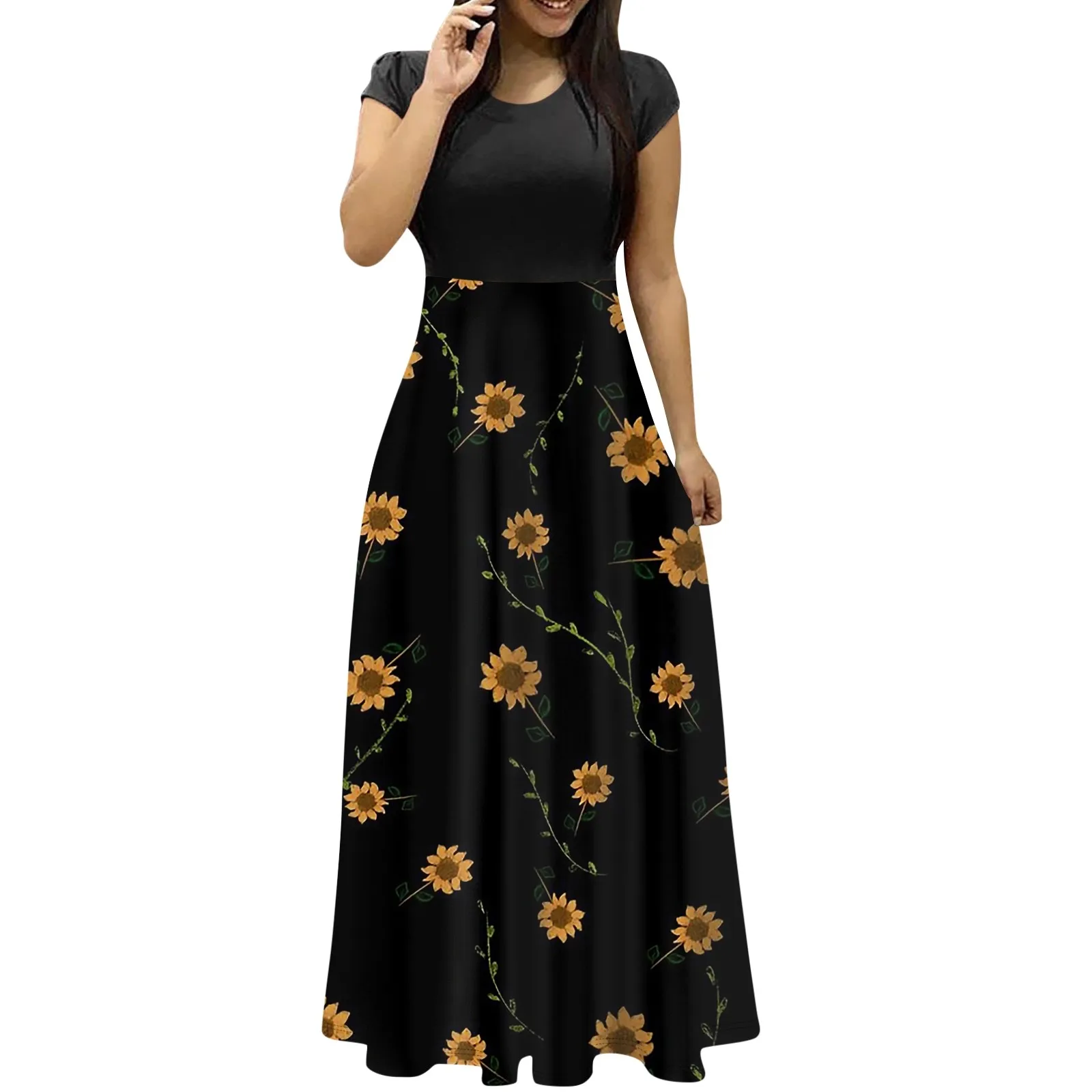 elegant dresses for women Fashion Casual long dresses Print O-Neck Short Sleeves Oversized Maxi Dress Splicing vestidos curtos