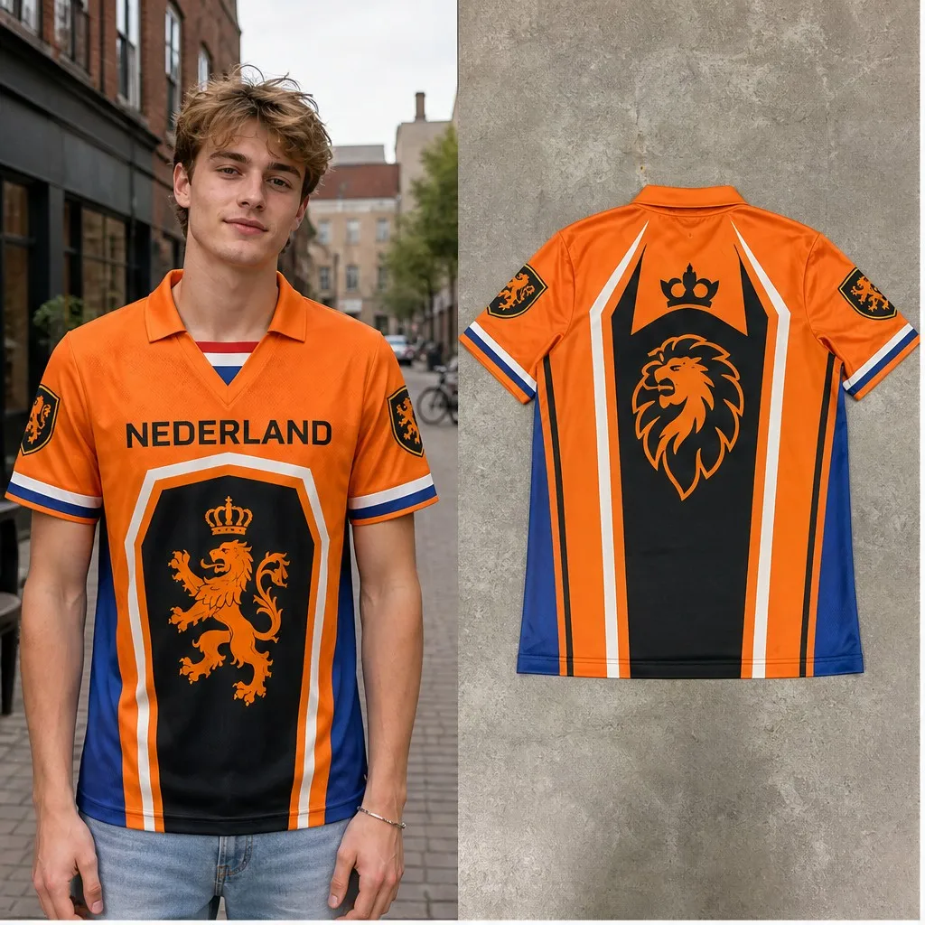 Mens Nederland Crown Lion Panel Graphic Semi Polo V Neck T Shirt Short Sleeve Casual Orange Dutch Pride Jersey Top Graphic Style