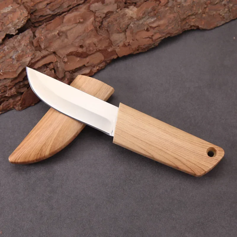 Blade EDC Kitchen Fruit Imitation Wood Handle Knife with Wooden Sheath Outdoor Camping Multifunctional Unpacking Knife