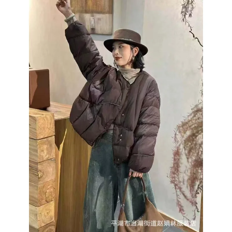 Women's Down Jacket High-end Trend Puffer Jacket Warm Winter Coat White Duck Down Oversized Quilted Coat Long Sleeve Top O-Neck