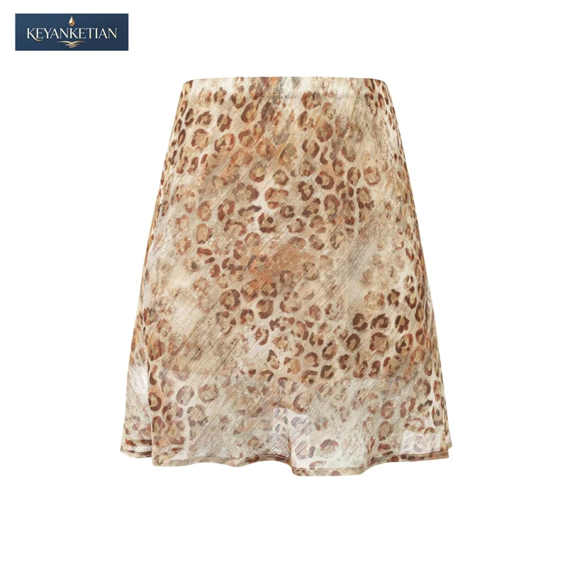 

KEYANKETIAN 2026 Retro Safari-Inspired A-Line Mini Skirt High Waist Watercolor Leopard Print, Flared Hem Chiffon Fabric Skirt