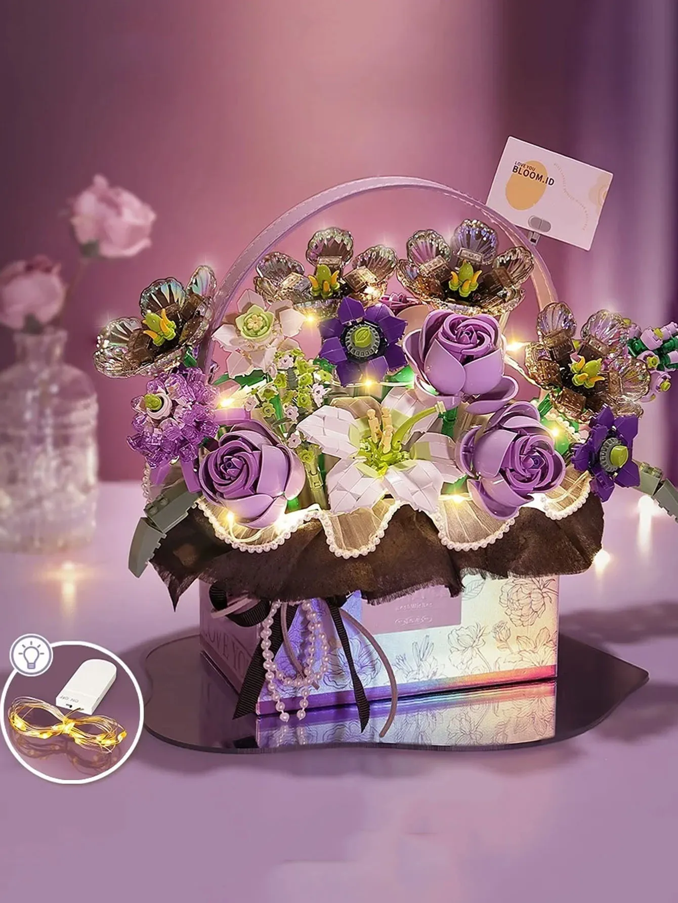 Building Block Flower Rose Building Blocks Toy Bonsai Rose Basket Led Lights Flower Bouquet Gift Box Series Gifts for Girls