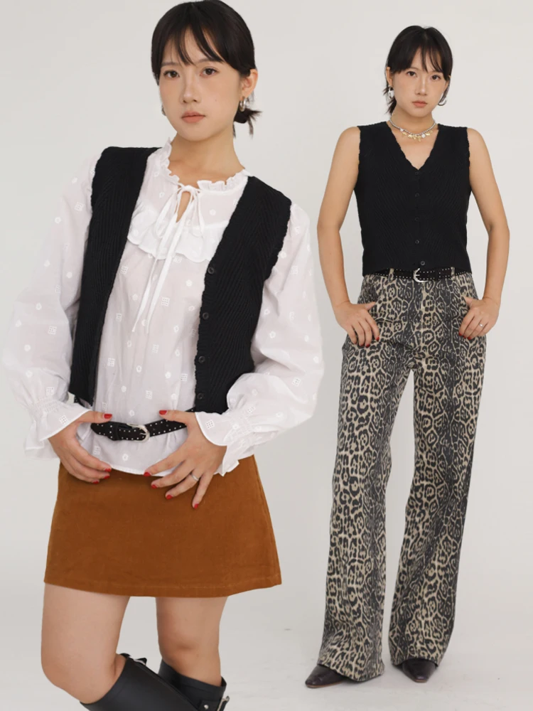 

Bla Basic Tweed Knitted Vest V-Ne Front Button Autumn Winter Slimming Lace Trim Knitwear Ohmyloli Faion Ladies Vest