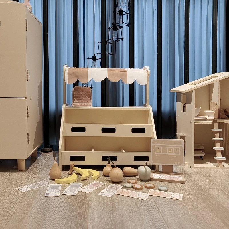 

Wooden children's store commissary girl toys Nordic ins wind cream log fruit sales desk play house