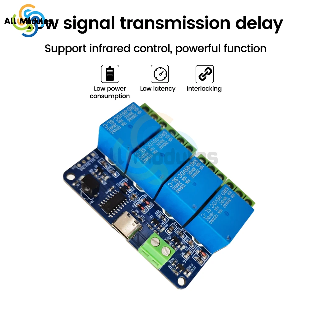 DC5V 4-way infrared remote control wireless relay module supports self-locking point action interlock mode Type-C interface