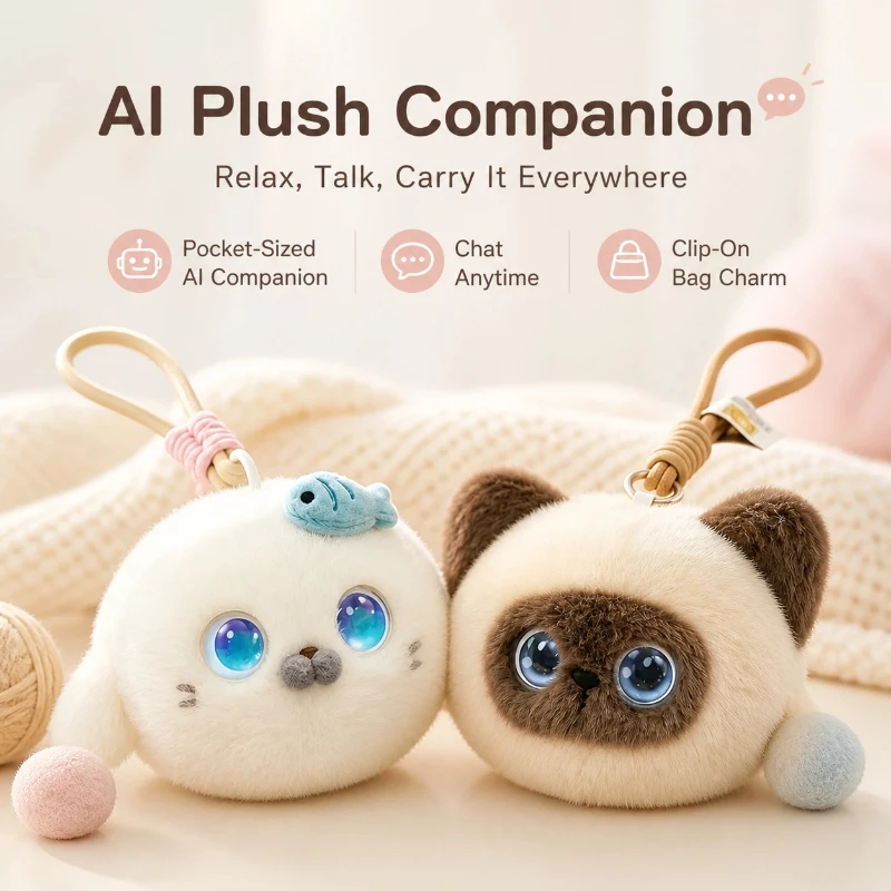 Cute Plush Keychain Cat‑Printed Stuffed Doll Soft Fluffy Bag Pendant Ornament Daily Decorative Conversable Robot Companion Doll