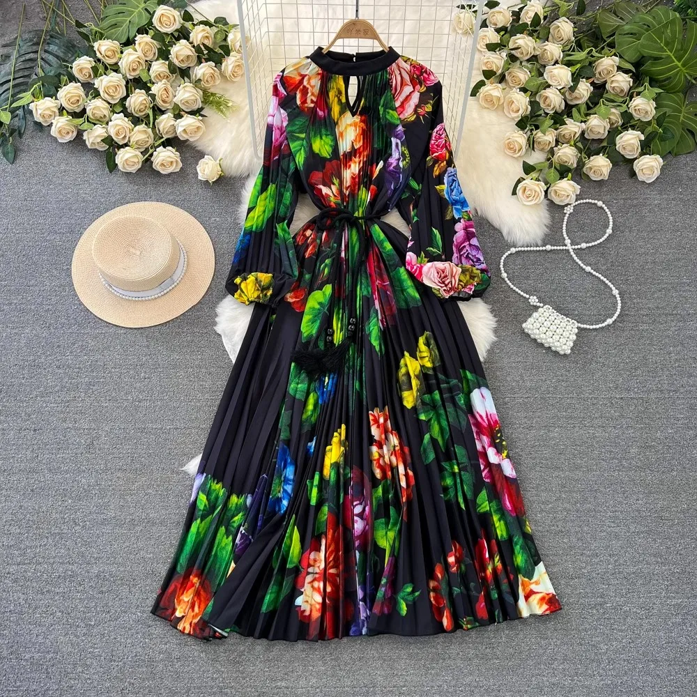 Imagem -05 - Vestido Longo com Estampa Floral Feminino Decote em o Manga Lanterna Cinto Solto Casual Borla Plissado Festa Luxo Novo 2023