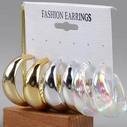 Punk 3 Pair/Set Acrylic Twisted Circle Hoop Earrings Gold Silver Color Screw Thread C-Shaped Drop Earring for Women Jewelry Sets