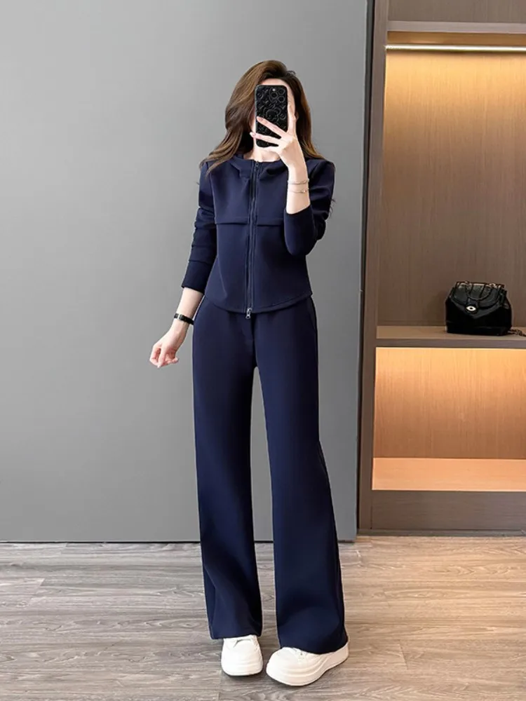 Outdoor Ladies Dark Blue Fashion Cardigan Running Hooded Sweatshirt Top Pants Two Piece Set Training Sports Jogging Tracksuit