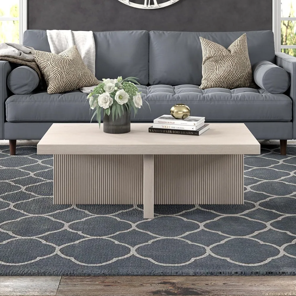 โต๊ะกาแฟไม้ลายร่องทรงสี่เหลี่ยม ดีไซน์เรียบง่ายสำหรับห้องนั่งเล่น ห้องครอบครัว หรือสำนักงาน สีขาวอัลเดอร์