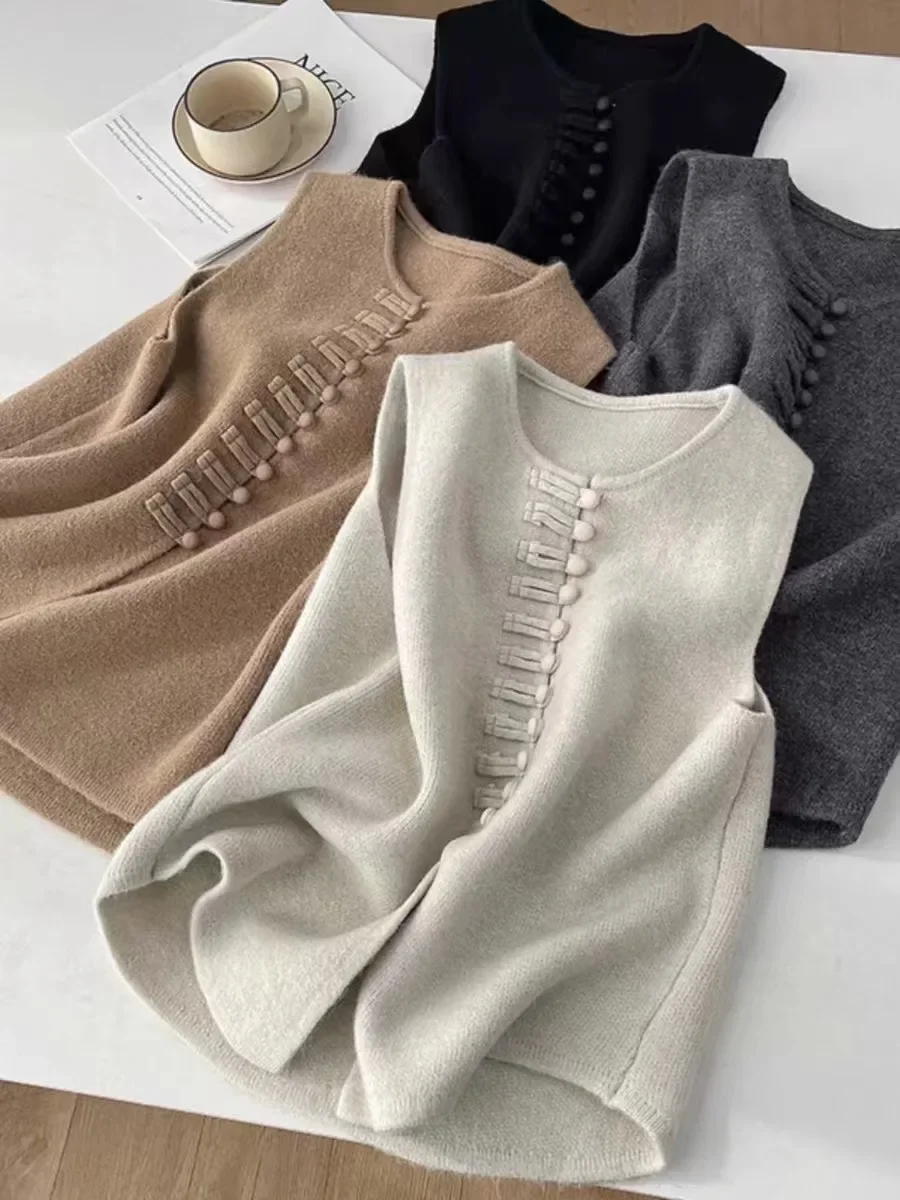 Fashion New Autumn Winter Round Neck Solid Color Button Cardigan Sleeveless Sweater Knitted Vest Women's Clothing Basic Tops