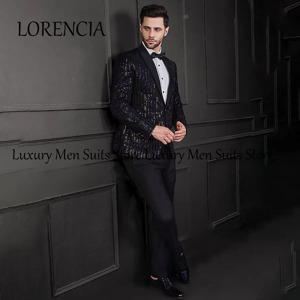 

Sparkly 2 Pieces Sets Beaded Crystals Men Suits Male Prom Blazers Slim Fit Groom Wedding Tuxedos Single Breasted Costume Homme