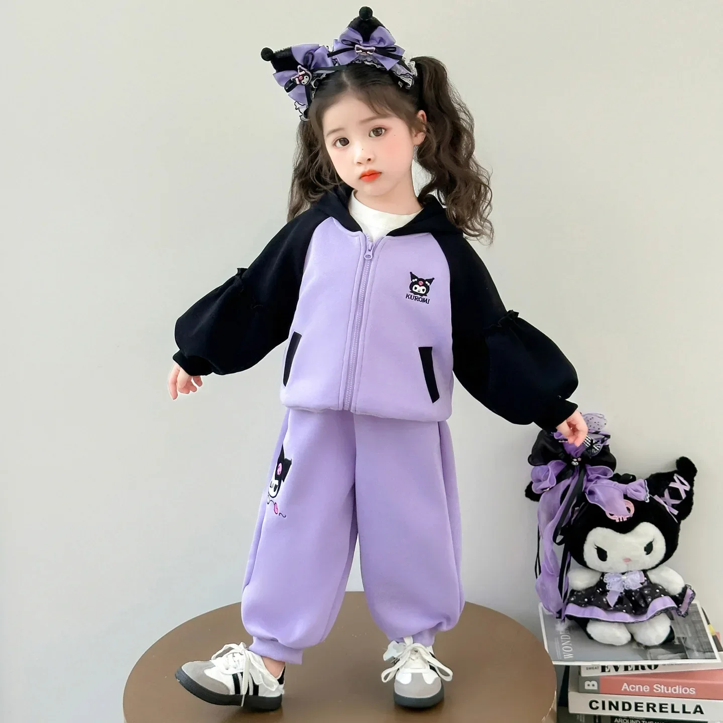

2Pcs Anime Kuromi Girls' Coat and Pants Set Sweet Children's Hooded Jacket and Sports Pants Set Cute Spring Autumn Sportswear