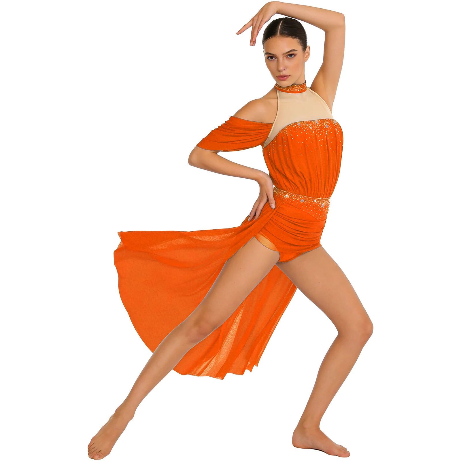 

Womens Latin Tango Dance Dress Rhinestone Ruched Mesh Halter Backless Irregular Hem Buttoned Crotch Bodysuit Dress Dance Wear