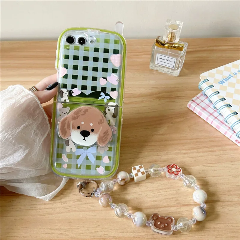 Bonita funda de teléfono verde a cuadros con perro para Samsung Galaxy Z Flip 6 5 4 3, funda trasera protectora para ZFlip4 ZFlip5 ZFlip6