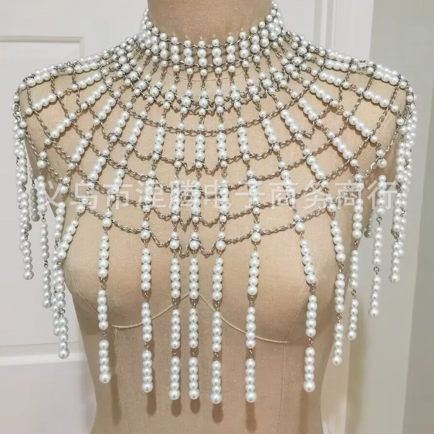

New European and American fashion, exaggerated personality multi-layer pearl beaded shawl body chain necklace matching jewelry