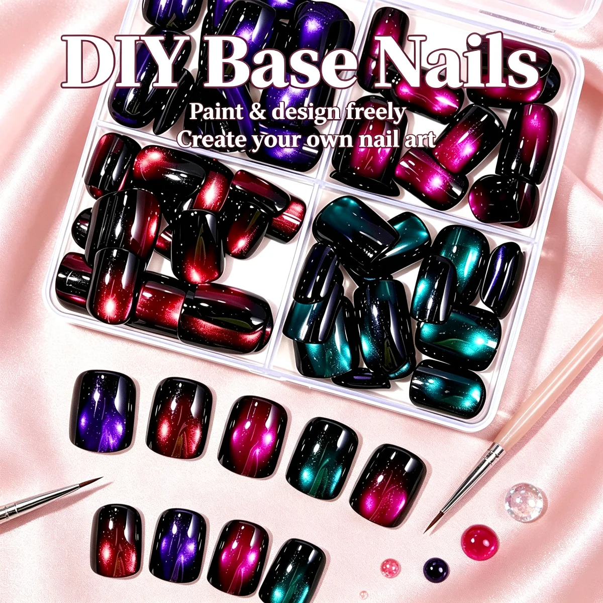 96Pcs Short Square Press On Nails Multi‑Color Cat Eye Purple Pink Wine Red Teal Reusable False Nails For Party Daily Wear ****