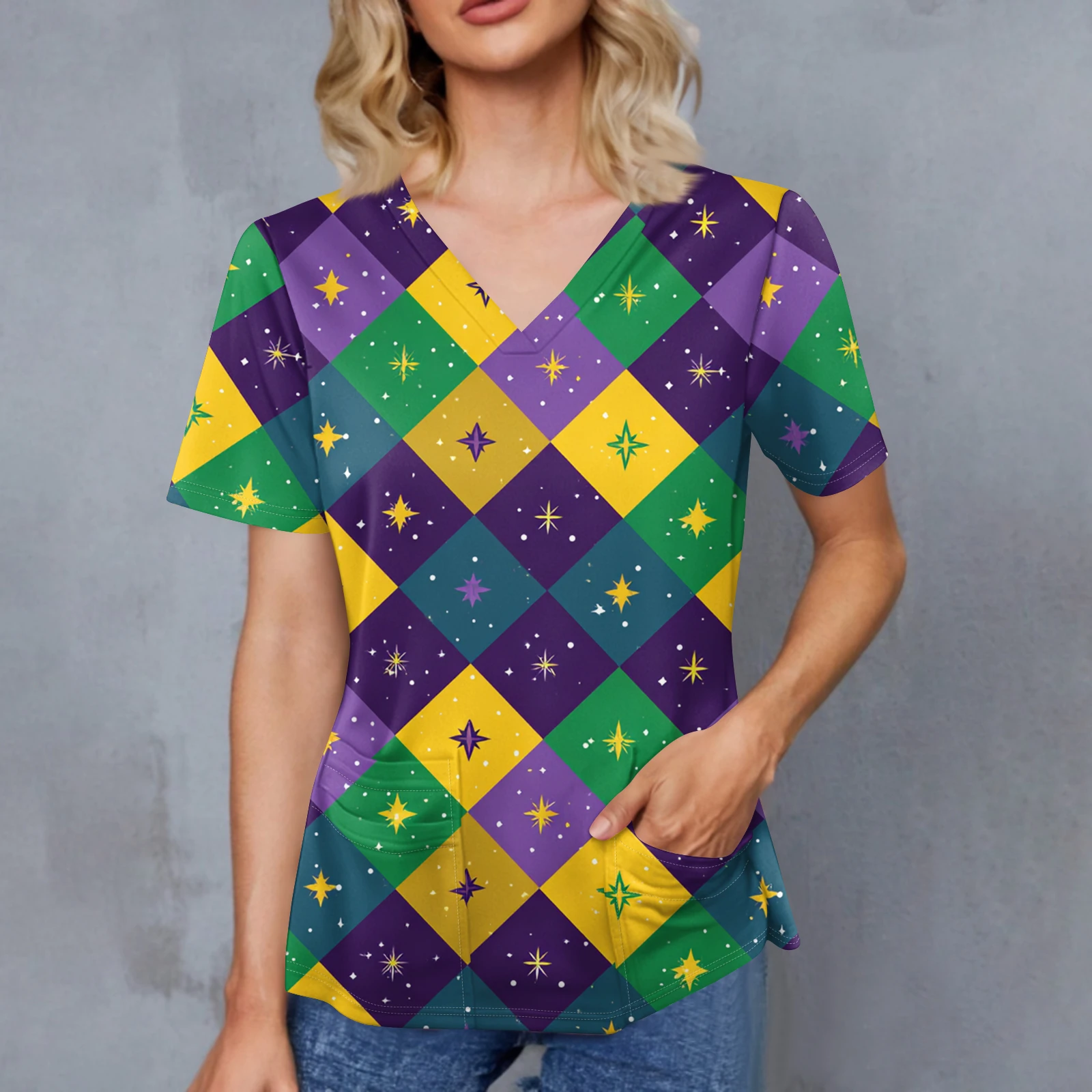 

Nurse Uniforms Carnival Women'S Tops Caregiver Print V-Neck Double Pullover Top Pocket Short-Sleeved Practical Stylish T-Shirts