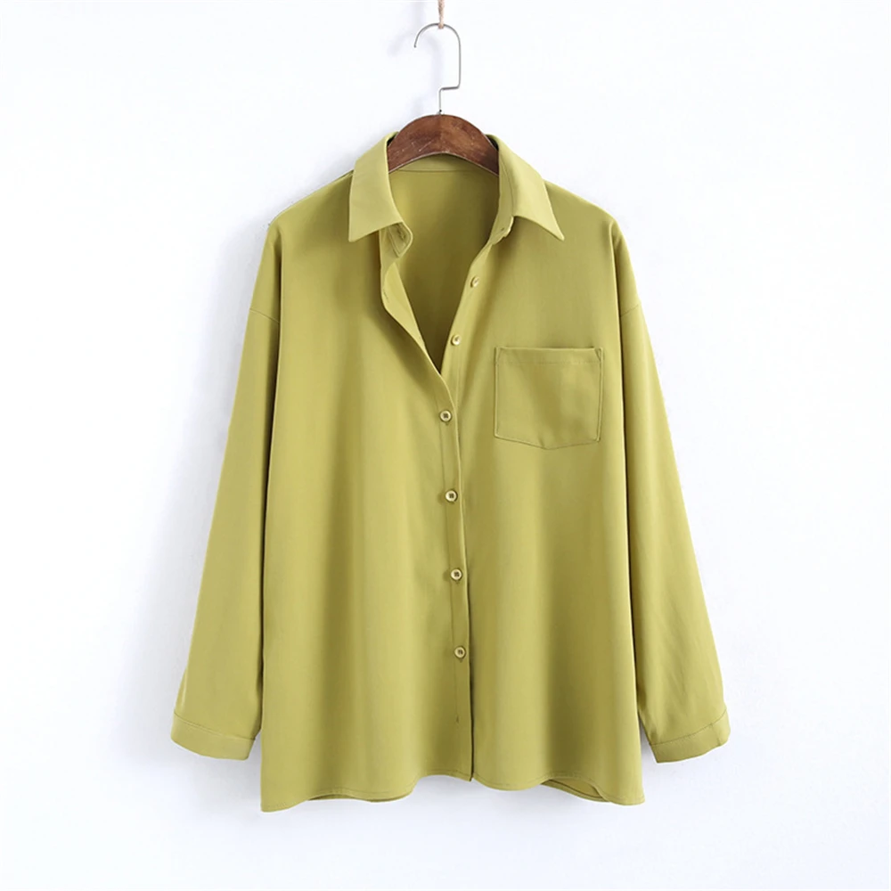 

Spring New Women's Chiffon Button Up Shirt Korean Loose Long-sleeved Solid Color Turn-down Collar Tops Female Casual Blouses