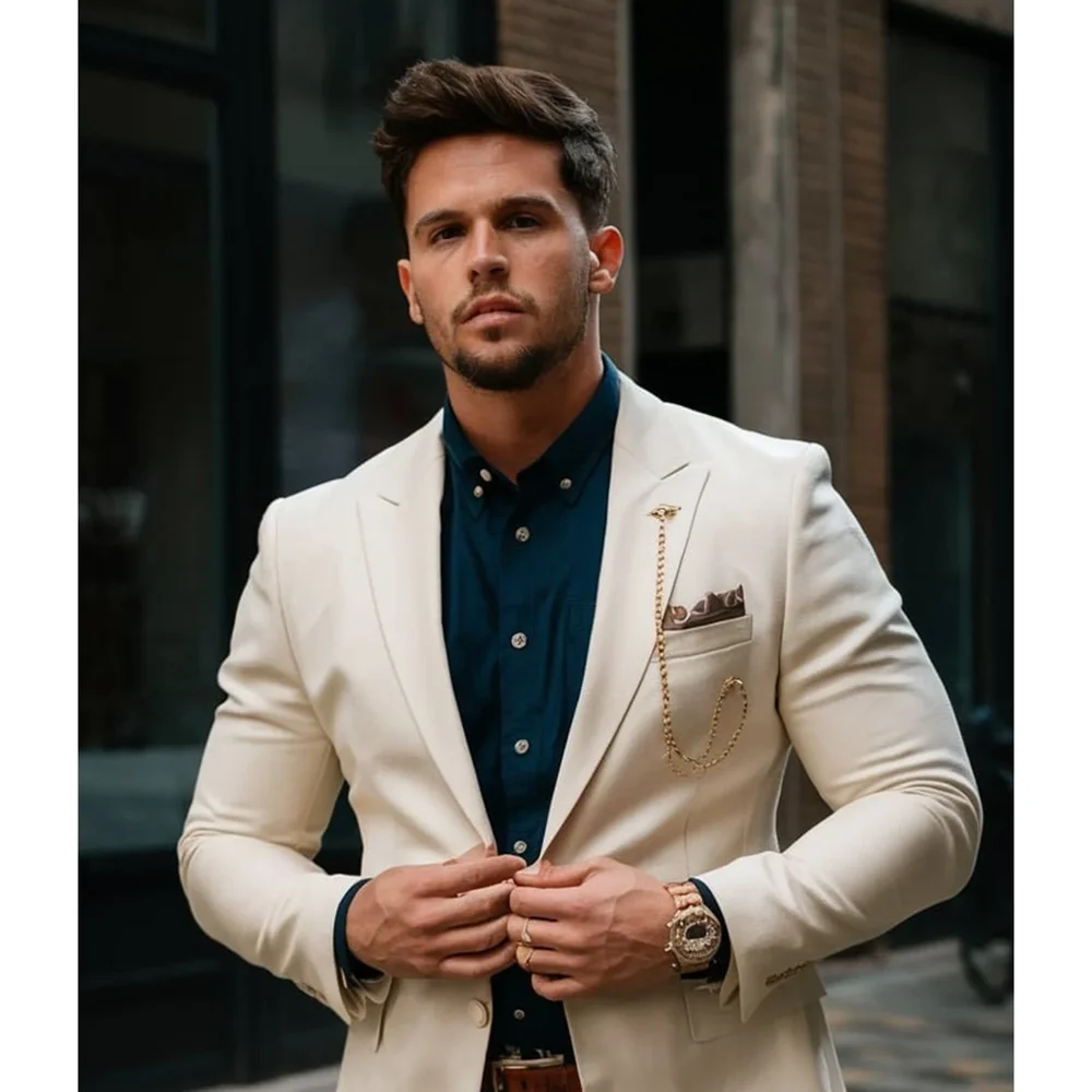 

Beige Men's Suits 2 Piece Fashion Daily Casual Office Outfits Elegant Single Breasted Peak Lapel Wedding Party Tuxedo Male Suit