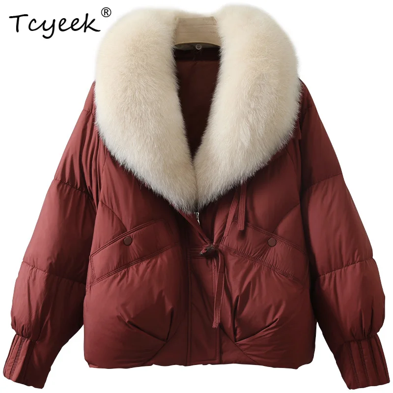 Tcyeek الخريف الشتاء النسخة الكورية الراقية العصرية الخامس الرقبة انفصال الثعلب الفراء المرأة الأبيض أوزة أسفل معطف الفرو Veste فام