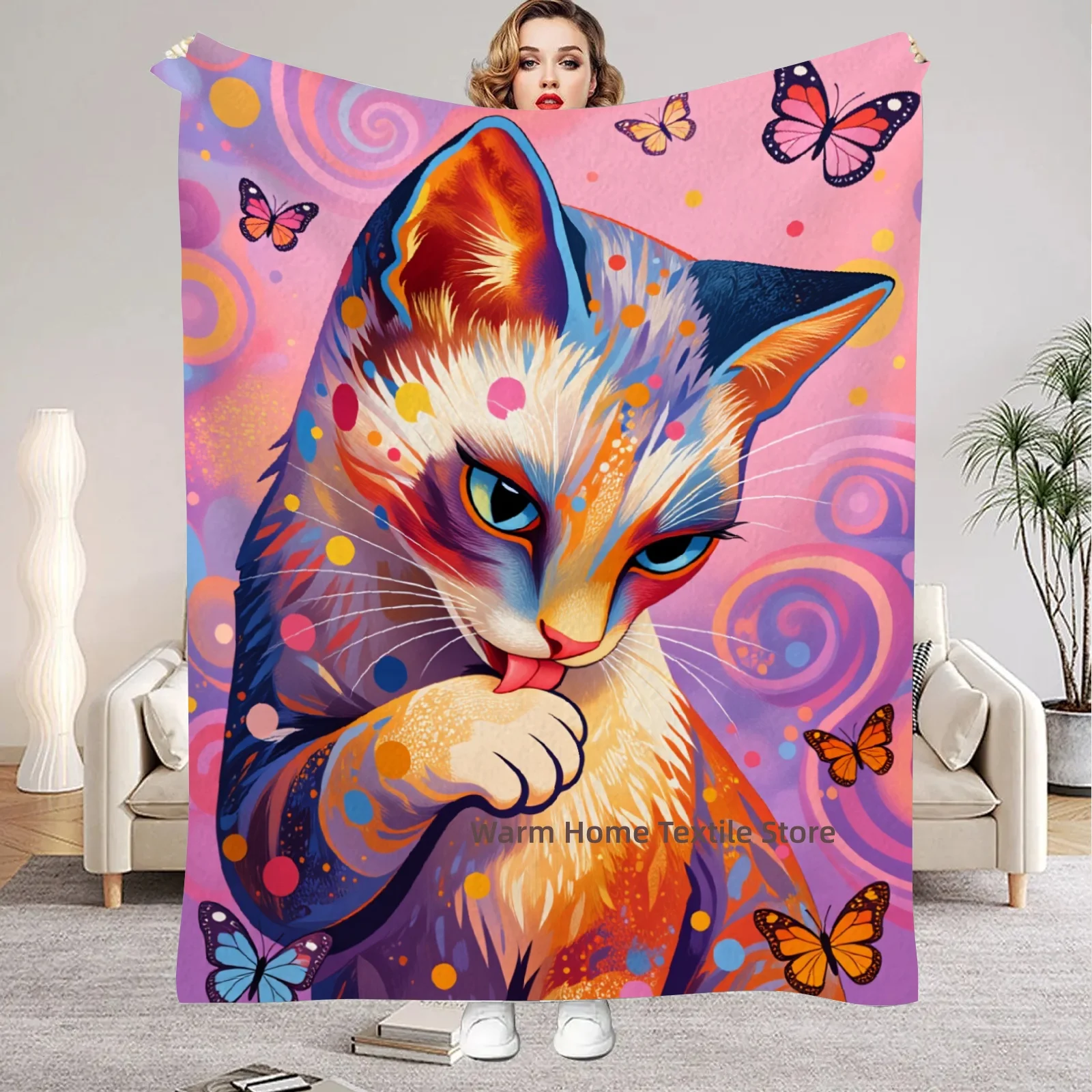 Abstract Pop Art Blanket Strange Cat Flannel Throw Blankets For Home Decor Cozy Warmth Birthday Gift Blanket For Kids Adult