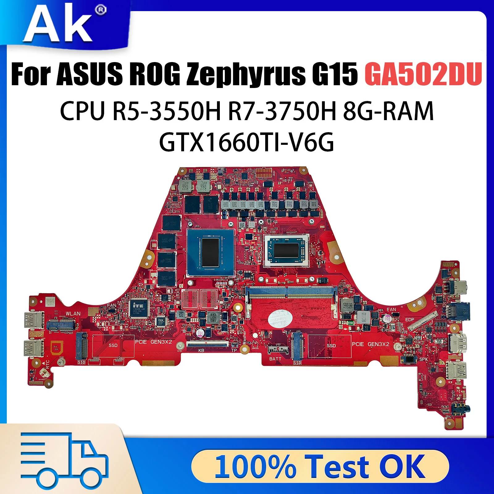 

GA502DU Laptop Motherboard For ASUS ROG Zephyrus G15 GA502D Mainboard 8G RAM R5-3550H R7-3750H GTX1660TI-V6G OK TEST