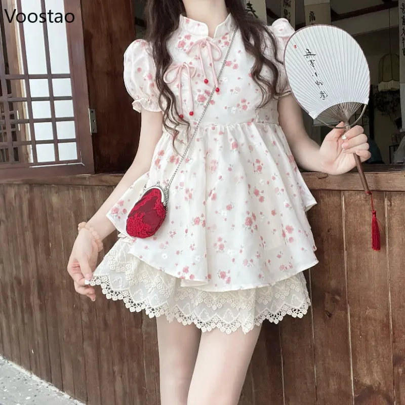 Chinese Style Kawaii Two Piece Set Women Sweet Floral Print Puff Sleeve Blouses ＋ Lace Lolita Cake Skirt Suit Female Skirts Set