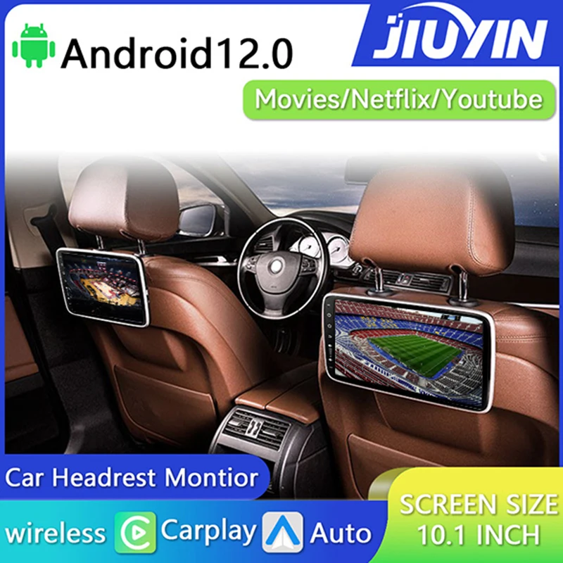 JIUYIN 10.1 inch Apple CarPlay Android Auto Headrest Monitor Display Touch Screen For Rear Seat Mulitimedia Automotiva Voiture