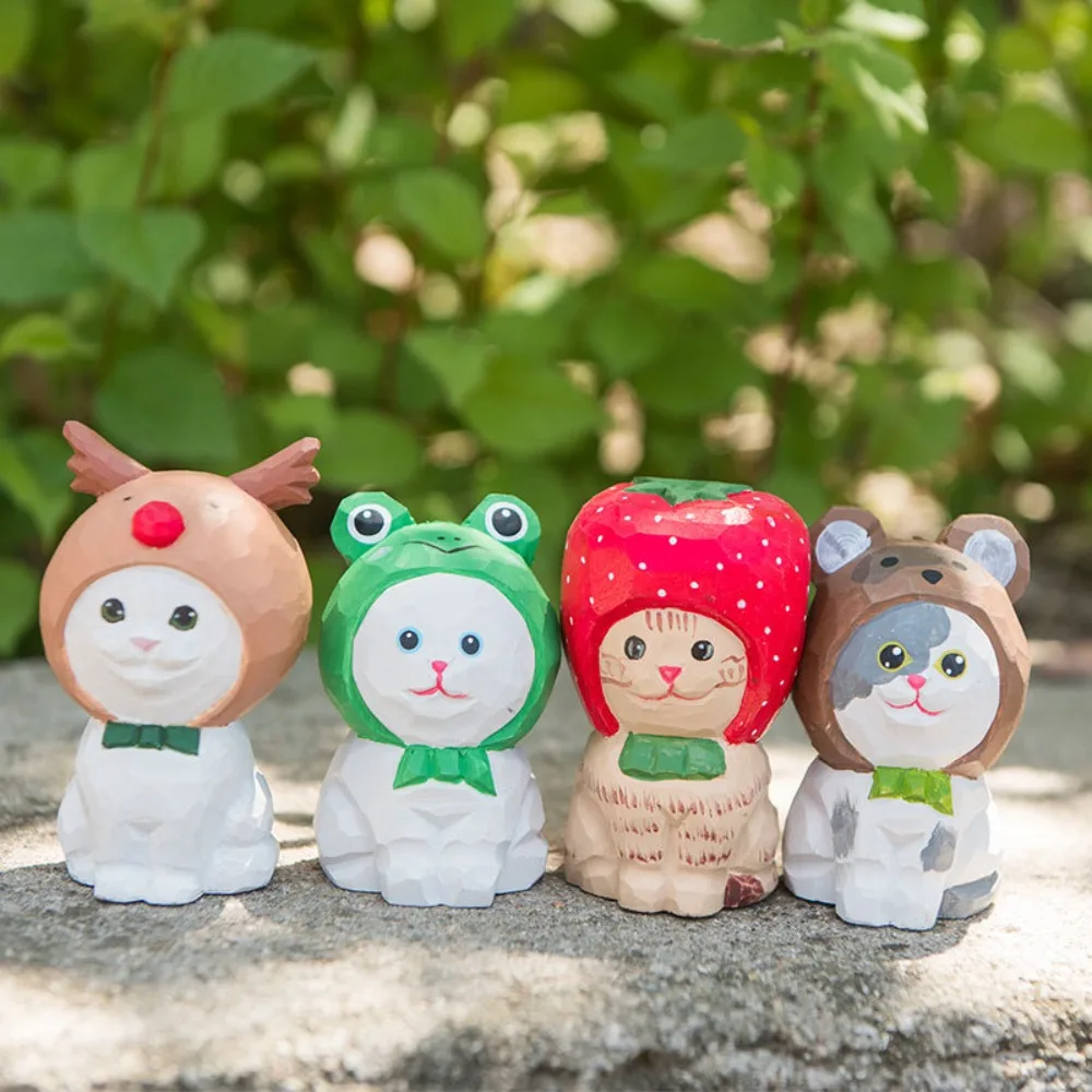 

Solid Wood Wood Carving Cat Ornament Handmade Small Painted Cartoon Cat Sculpture Cute Simple Style