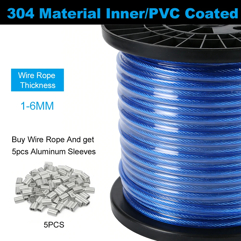 Blue PVC Coated 304 Stainless Steel Wire Rope 1.0-6mm Diameter for Clotheslines - Multiple Length Options Available 5M-100M
