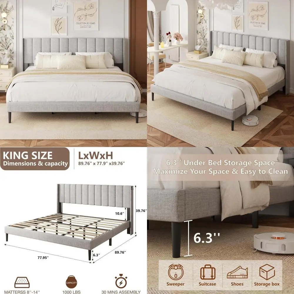 

Luxurious Velvet King Bed Frame with Wingback Headboard and Upholstered Platform Design, No Box Spring Required, Size S