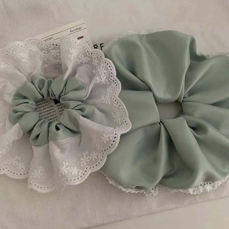 

Korean New Fresh Green Lace Girly Scrunchie Large Ruffled Hair Accessory Vintage Ballet-Style Satin Elastic Hair Rope